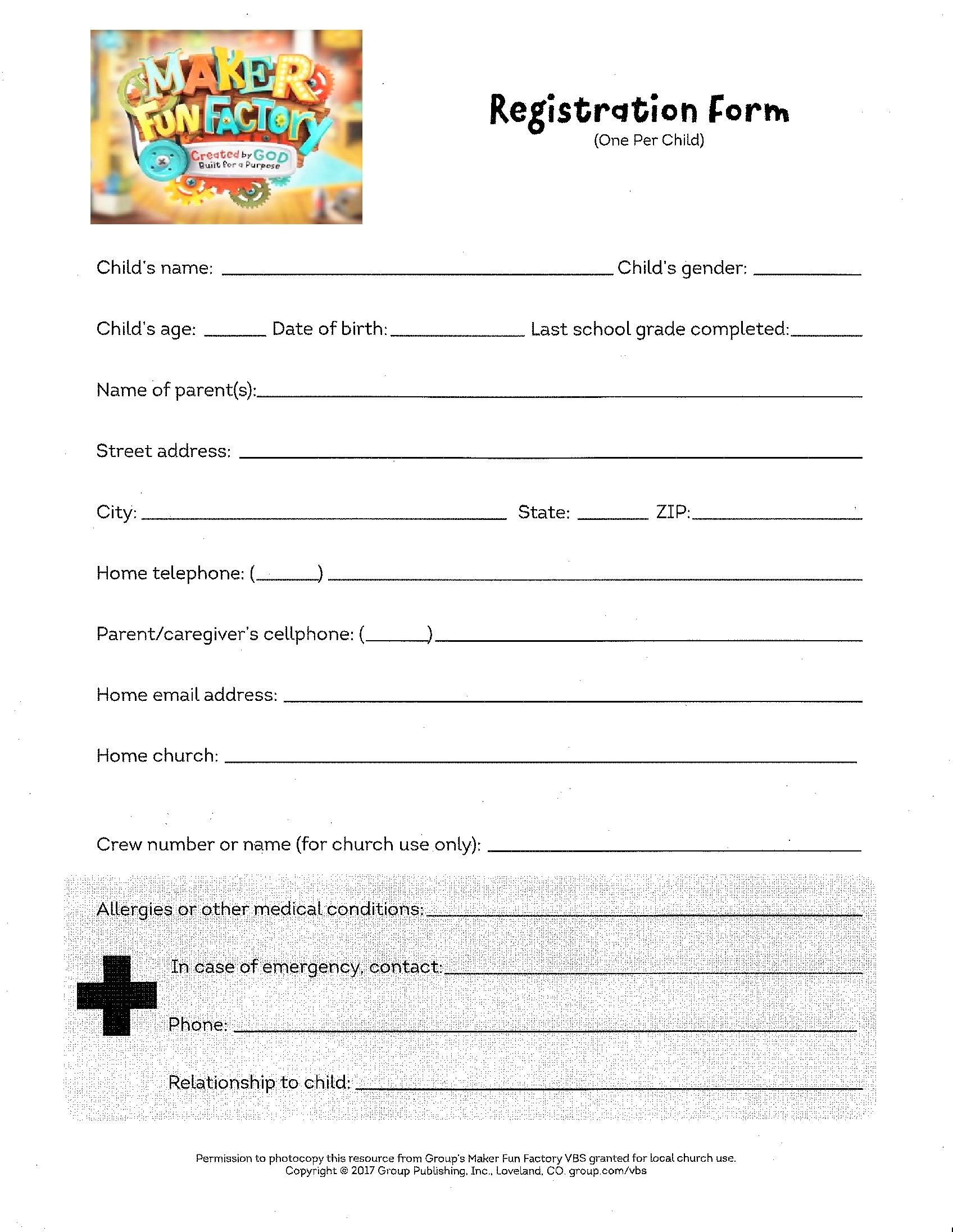 2018 Vacation Bible School Registration Form Zion s Lutheran